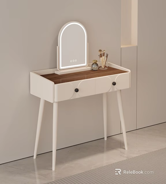 White Dressing Table with Wooden Top Two Drawers LED Mirror and Makeup Tools 3d model 