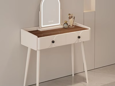 White Dressing Table with Wooden Top Two Drawers LED Mirror and Makeup Tools 3d model
