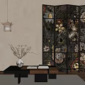 Elegant Interior Decor With Floral Bird Screen Table Vase And Lantern Pendant 3d model