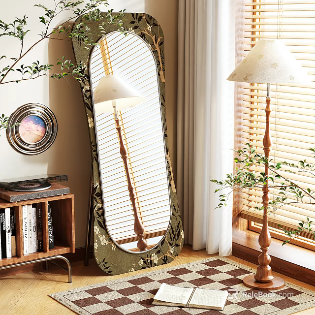 Stylish Full Length Floor Mirror with Window Blinds Floor Lamp Wooden Bookshelf and Checkered Floor 3d model 