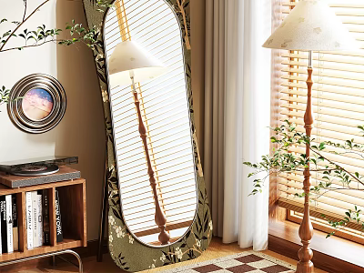 Stylish Full Length Floor Mirror with Window Blinds Floor Lamp Wooden Bookshelf and Checkered Floor 3d model