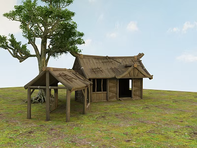 Traditional Thatched Cottages With Wooden Roof And Big Tree On Green Grassland 3d model
