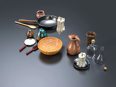 Stylish Kitchen Utensils With Frying Pan Wooden Bowl Copper Pitcher And Ceramic Jars 3d model