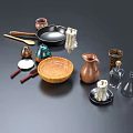 Stylish Kitchen Utensils With Frying Pan Wooden Bowl Copper Pitcher And Ceramic Jars
