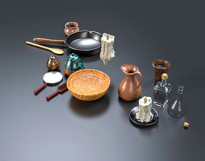 Stylish Kitchen Utensils With Frying Pan Wooden Bowl Copper Pitcher And Ceramic Jars 3d model