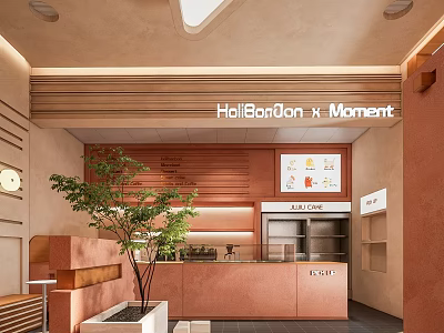 HoliBonbon x Moment Café Interior Featuring Wooden Wall Coral Counter Green Plant And Display Case 3d model