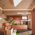 HoliBonbon x Moment Café Interior Featuring Wooden Wall Coral Counter Green Plant And Display Case