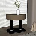 Modern Bedside Table With Circular Beige Top Black Pillars Base And White Vase Plants 3d model