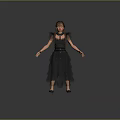 Woman Wearing Black Layered Dress With Sheer Sleeves Standing Arms Outstretched On Gray Background