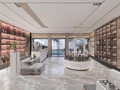 Tobacco and Alcohol Store Interior Design With Display Shelves Marble Floor Central Counter And Chandelier 3d model