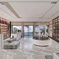Tobacco and Alcohol Store Interior Design With Display Shelves Marble Floor Central Counter And Chandelier