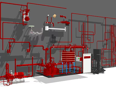 Red Industrial Pipes System With Valves Pumps And Equipment Installation 3d model