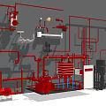 Red Industrial Pipes System With Valves Pumps And Equipment Installation