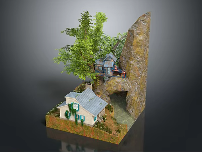 Miniature Rocky Cliff Landscape With Small House Green Trees And Flowing Stream 3d model