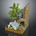 Miniature Rocky Cliff Landscape With Small House Green Trees And Flowing Stream