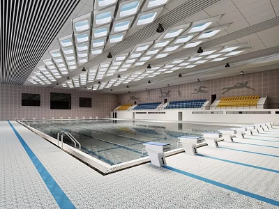 Modern Indoor Swimming Pool Featuring Skylights Spectator Seats And Tile Flooring 3d model