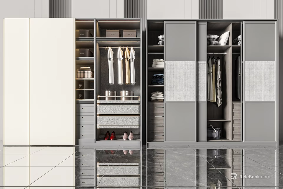 Modern Wardrobe Design With Gray White Panels Hanging Clothes And Drawers 3d model 