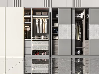 Modern Wardrobe Design With Gray White Panels Hanging Clothes And Drawers 3d model
