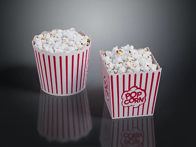 Delicious Freshly Popped Popcorn in Red and White Striped Paper Buckets on Black Surface 3d model