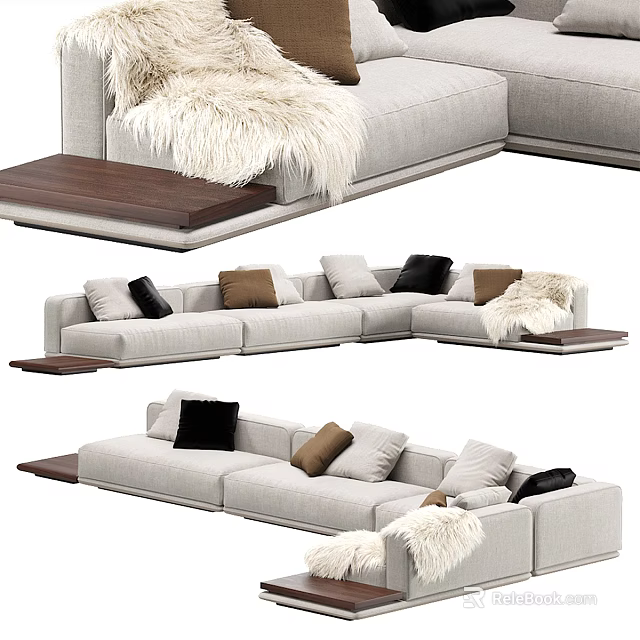 Modern Light Colored Sectional Sofa with Plush Pillows Fur Throw and Wooden Platform 3d model