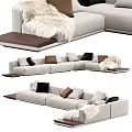 Modern Light Colored Sectional Sofa with Plush Pillows Fur Throw and Wooden Platform 3d model