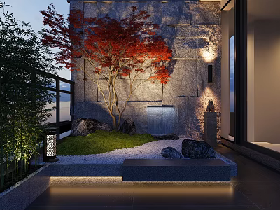 Serene Japanese Courtyard Garden With Red Maple Tree Stone Wall Water Fountain And Ambient Lighting 3d model