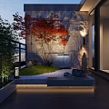 Serene Japanese Courtyard Garden With Red Maple Tree Stone Wall Water Fountain And Ambient Lighting
