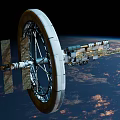Circular Space Station With Solar Panels Orbiting Earth In Cloudy Sky