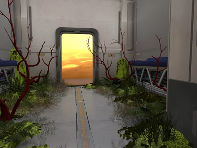 Futuristic Interior With Open Doorway Sunset Sky Red Branches And Pathway 3d model