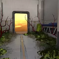 Futuristic Interior With Open Doorway Sunset Sky Red Branches And Pathway