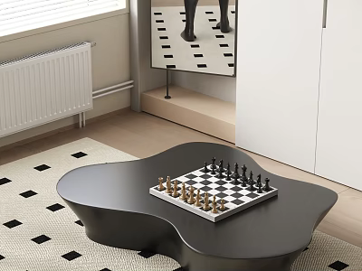 Stylish Modern Coffee Table With Chessboard And Gold Pieces On Black White Geometric Rug 3d model