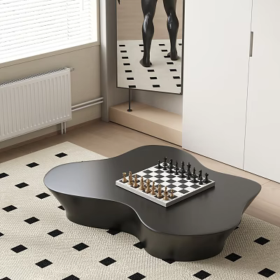 Stylish Modern Coffee Table With Chessboard And Gold Pieces On Black White Geometric Rug 3d model