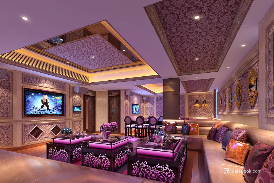 Luxurious KTV Lounge Interior With Modern Design Comfortable Sofas And Large TV Screen 3d model