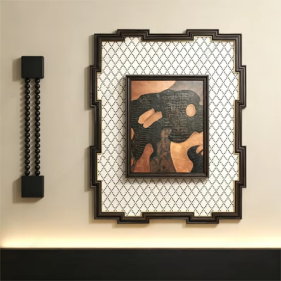 Wall Decor With Geometric Pattern Frame And Abstract Artwork On Beige Wall 3d model