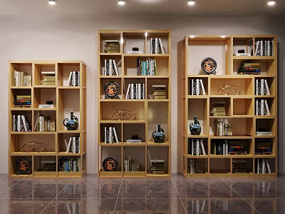 Wooden Bookcases With Multiple Shelves Holding Books And Decorative Items In Home Interior 3d model