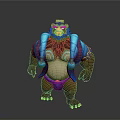 Fierce Bear Like 3D Character With Blue Decorative Outfit Ornate Tattoos And Muscular Build