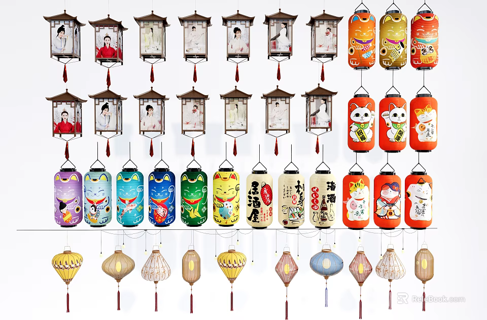 Traditional Colorful Hanging Outdoor Lights with Decorative Patterns and Various Designs 3d model 