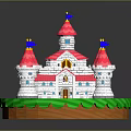 Fairy Tale Castle Model With White Towers Pink Roofs Blue Flags And Green Grass Base