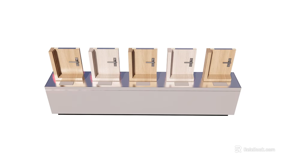Five Wooden Door Samples With Locks On Metal Display Stand 3d model 