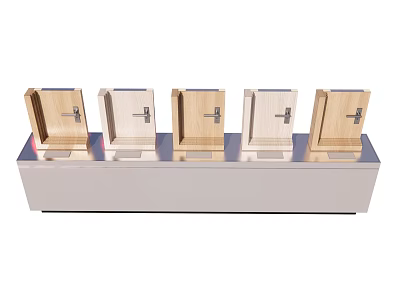 Five Wooden Door Samples With Locks On Metal Display Stand 3d model