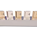 Five Wooden Door Samples With Locks On Metal Display Stand