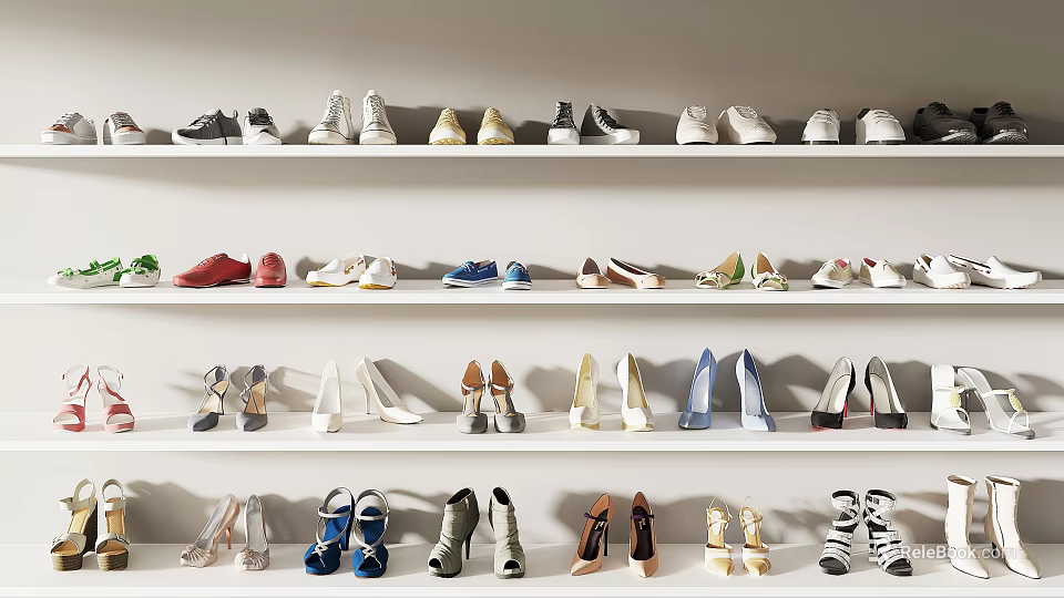 Colorful Shoes Collection On Shelves With Sneakers High Heels And Flats 3d model 