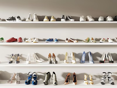 Colorful Shoes Collection On Shelves With Sneakers High Heels And Flats 3d model
