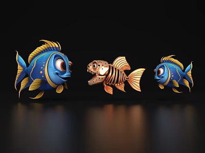 Cartoon Aquatic Animals Blue Fish With Yellow Fins And Orange Skeleton Fish On Black Background 3d model