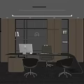 Modern Office Interior Design With Large Windows Wooden Shelves And Potted Plant