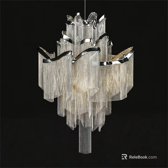 Elegant Modern Crystal Chandelier with Hanging Fringe and Chrome Frame Illuminated Light 3d model 