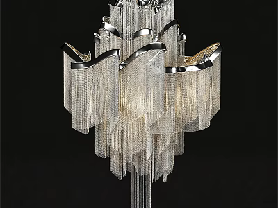 Elegant Modern Crystal Chandelier with Hanging Fringe and Chrome Frame Illuminated Light 3d model