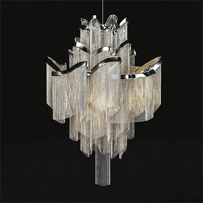Elegant Modern Crystal Chandelier with Hanging Fringe and Chrome Frame Illuminated Light 3d model