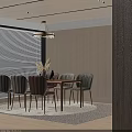 Wooden Dining Table Set With Modern Multi Colored Chairs And Decorative Items In Light Room 3d model