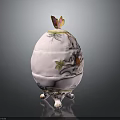 Butterfly and Bird Decorated Ceramic Egg Container with Painted Leaves and Ornate Stand